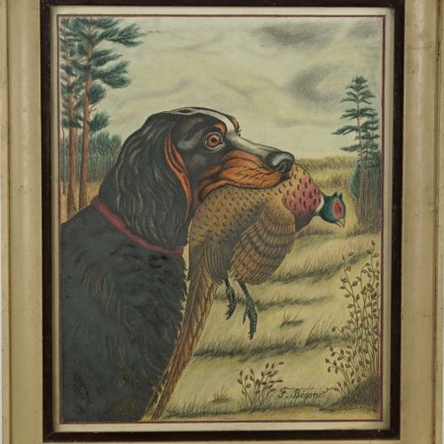 Null F.BEGONO（20世纪），狗与野鸡

纸上铅笔画。

总尺寸：55 x 46厘米