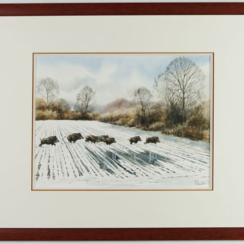 Null 
Arnaud FREMINET (1961 - ) "Company of wild boars at the edge of a snowy fo&hellip;