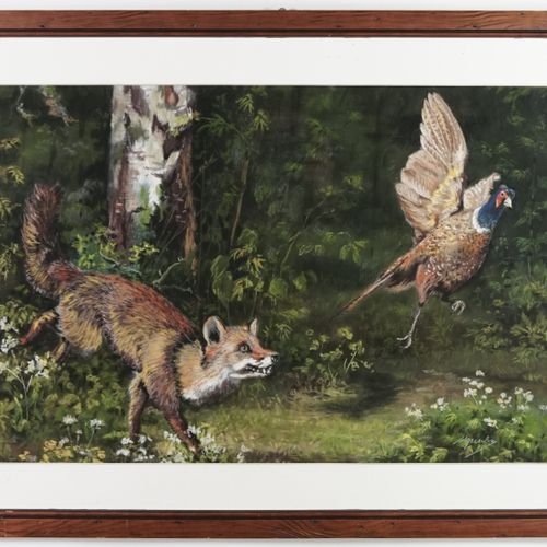 Null 玛丽-安尼克-格里塞林（1942-）《狐狸和野鸡

纸上粉笔画

右下方有签名

尺寸：54,5x75厘米