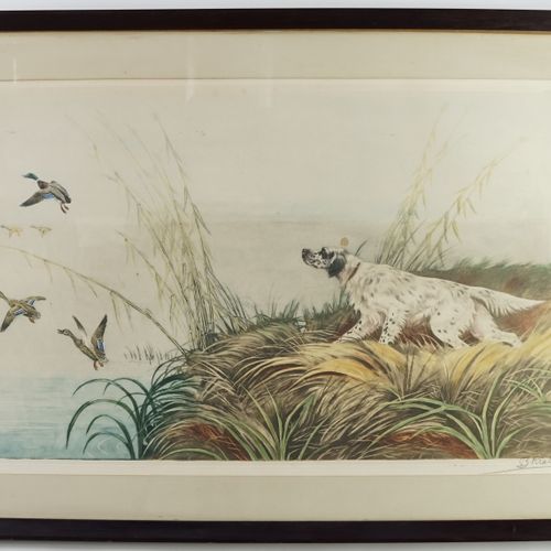 Null Boris RIAB (1898-1975) "Setter and ducks

Lithograph in color

Signed in pe&hellip;