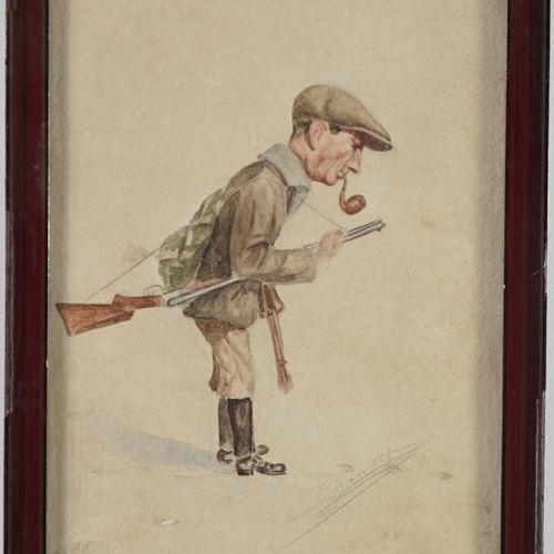 Null 
法国学校20世纪初，"猎人"。


幽默的水彩画，右下方有签名，日期为1926年



17,5 x 12,5 cm