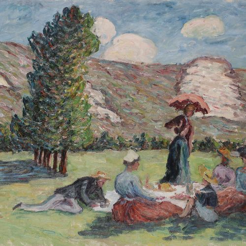 Henri ROUSSEL MASURE (1863 1919) Le Déjeuner sur l'herbe Huile sur toile. Signée&hellip;