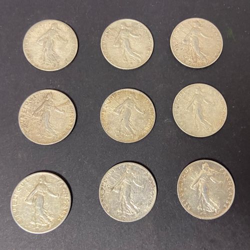 Null 9 pièces de 50 centimes en argent. Type Semeuse 1900 - 1913 - 1914 - 1915 -&hellip;