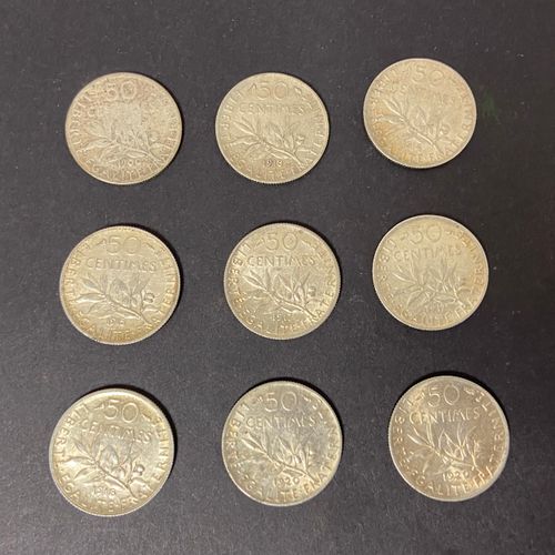 Null 9 pièces de 50 centimes en argent. Type Semeuse 1900 - 1913 - 1914 - 1915 -&hellip;