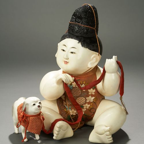 Thoroughly Delightful Gosho-ningyo (Palace Doll) with Puppy, Edo Period 13" (33 &hellip;