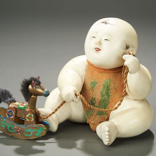 Cute Gosho-ningyo (Palace Doll) with Mokuba Hobby Horse, Edo Period 5 1/2" (14 c&hellip;
