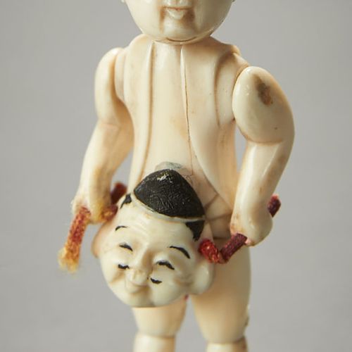 Enchanting Miniature Bone Mitsuore-ningyo of a Young Boy Holding a Mask, Meiji E&hellip;