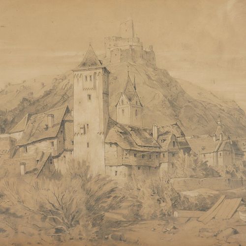 Null 19世纪的画家，"一对城镇景观--莱茵河上的考布"，混合媒体/纸，29 x 42，和25 x 31，水坝。
