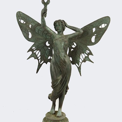 Gartenfigur "Elfe", Bronze 大型花园雕像 "ELFE"，手持火炬，青铜，带绿色铜锈，高178，长132，可能是法国，约1900年