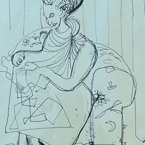 BERTRAND (Gaston). "坐在扶手椅上的女人"。印度墨水，右下角有签名，装在一个镀金的木框里。画框尺寸：37.5 x 29厘米；主题：27.8 x&hellip;