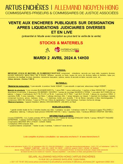 VENTE APRES LIQUIDATIONS JUDICIAIRES DIVERSES | STOCKS ET MATERIELS