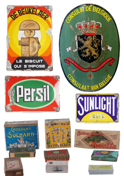 Collection of enamelled plaques, boxes and advertising packaging in cardboard and painted sheet metal, etc.
