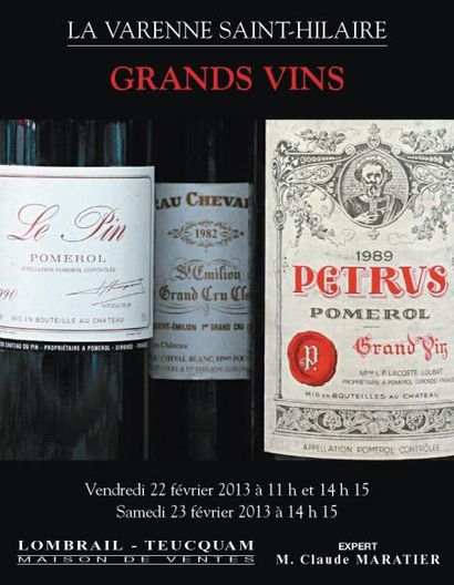 GRANDS VINS  -  expert : C. MARATIER -  à 11 h et à 14 h 15  Hôtel des ventes de La Varenne St Hilaire  