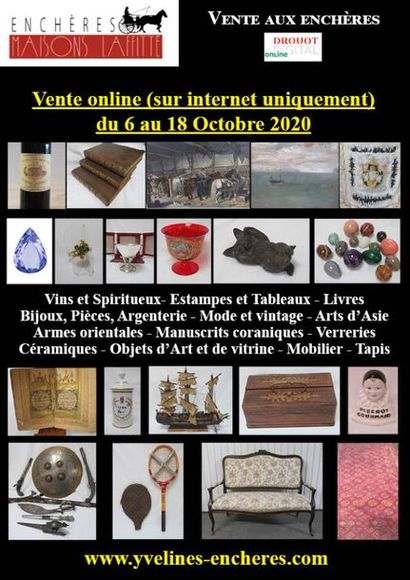 Online sale : Wines and Spirits - Books - Prints, drawings, paintings - Jewels and precious stones - Silverware - Fashion and vintage - Important collections of oriental weapons - Koranic manuscripts - Tableware - Works of art and window displays - Asian art - Furniture - Carpets