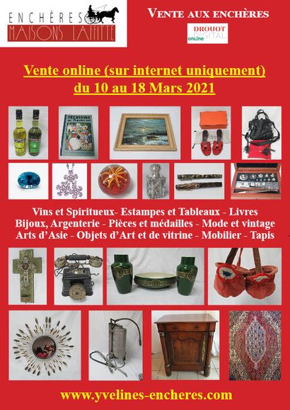 Vente online : Vins et Spiritueux - Livres - Estampes, dessins, tableaux - Pierres précieuses et Bijoux - Médailles e- insignes - Mode et vintage - Arts de la table - Objets d'Art et de vitrine - Céramiques - Verrerie - Arts d'Asie - Mobilier - Textiles et Tapis