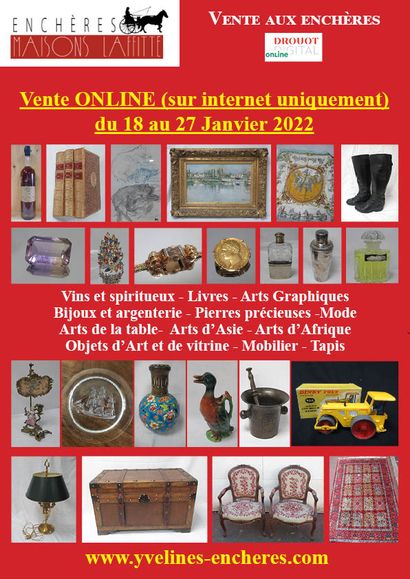 Vente online : Vins et Spiritueux - Livres - Estampes, dessins, tableaux - Pierres précieuses et Bijoux - Mode et vintage - Arts de la table - Objets d'Art et de vitrine - Céramiques - Verrerie - Arts d'Asie - Mobilier - Textiles et Tapis