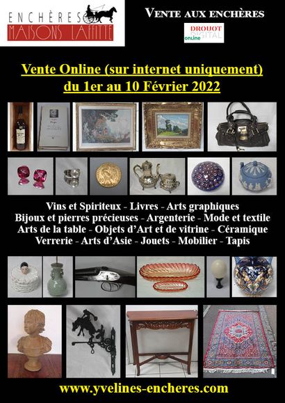 Online sale : Wines and Spirits - Books - Graphic Arts - Jewelry and Precious Stones - Fashion and Textile - Tableware - Glassware - Ceramics - Asian Art - Works of Art and Display - Furniture - Carpets