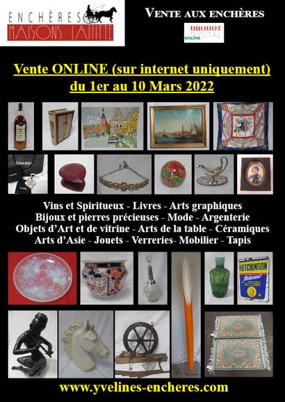Online sale : Wines and spirits - Books - Graphic arts - Numismatics - Jewelry and precious stones - Silverware - Fashion and vintage - Works of art and window dressing - Ceramics - Glassware - Tableware - Asian art - Furniture - Carpets