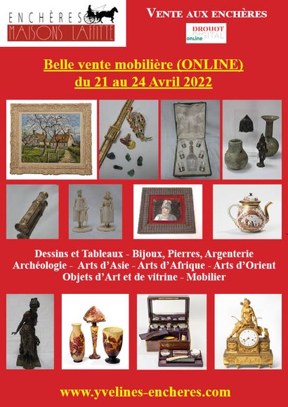 Belle vente mobilière ONLINE : Arts graphiques - Bijoux, pierres précieuses, Argenterie - Objets d'Art et de vitrine - Arts d'Asie - Arts d'Afrique - Archéologie - Arts de l'Orient