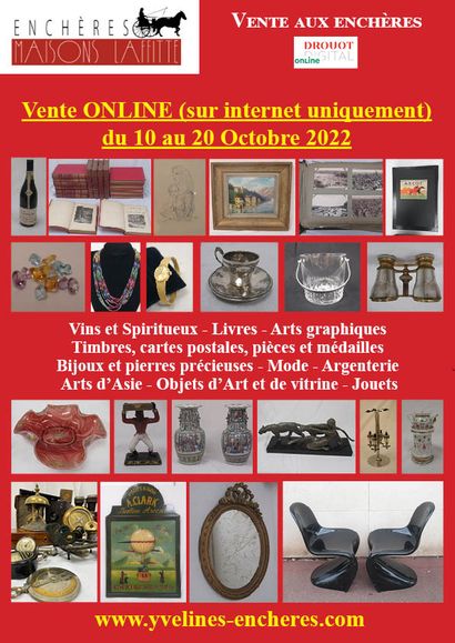 Online sale : Wines and Spirits - Books - Graphic Arts - Fashion Jewelry and Precious Stones - Silverware - Numismatic - Works of Art and Display - Tableware - Asian Arts - Scientific Instruments - Toys