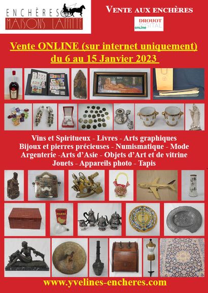 Vente online : Vins et Spiritueux - Livres - Arts graphiques - Pierres précieuses - Bijoux - Argenterie - Numismatiques - Timbres - Objets d'Art et de vitrine - Arts d'Asie - Arts de la Table - Mobilier - Tapis