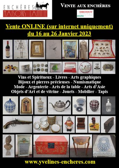 Online sale : Wines and Spirits - Books - Graphic arts - Precious stones - Jewelry - Silverware - Numismatics - Stamps - Works of art and display items - Asian art - Tableware - Furniture - Carpets