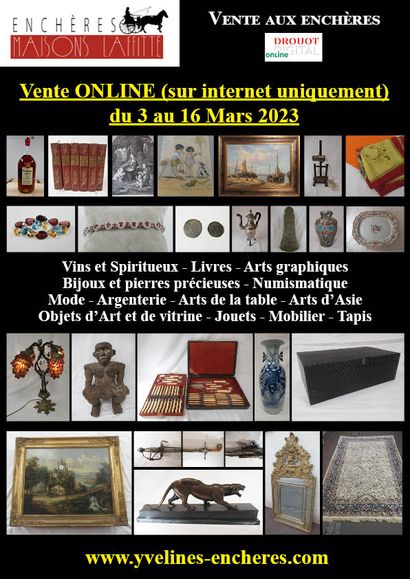 Online sale : Wines and Spirits - Books - Graphic arts - Precious stones - Jewelry - Silverware - Numismatics - Stamps - Militaria - Works of art and display items - Asian arts - Tableware - Furniture - Carpets