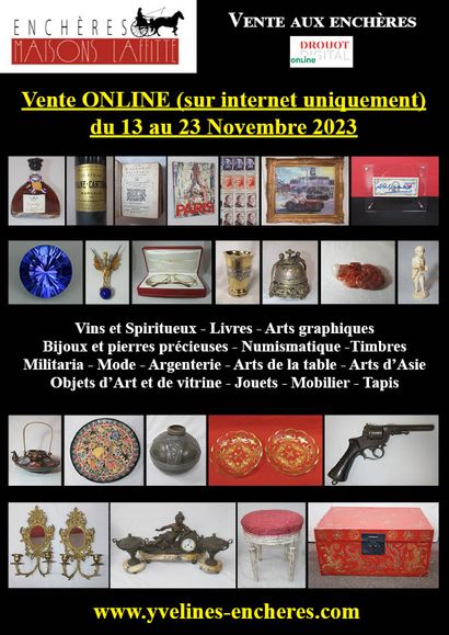 ONLINE SALES : WINES AND SPIRITS - BOOKS - GRAPHIC ARTS - STAMPS - NUMISMATICS - JEWELRY AND SILVERWARE - FASHION - FASHION - ART AND DISPLAY OBJECTS - ASIAN ART - CERAMICS - GLASSWARE - TABLEWARE - FURNITURE - RUGS