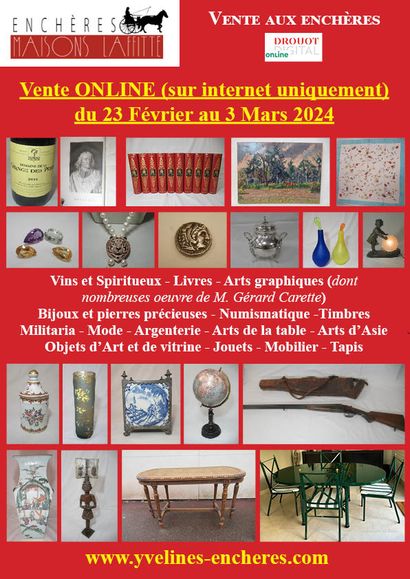 ONLINE SALE: WINES AND ALCOHOLS - BOOKS - GRAPHIC ARTS including many works by Gérard Carette - TIMBERS - NUMISMATICS - JEWELRY AND SILVER - FASHION - FASHION - ART AND GLASS OBJECTS - ASIAN ARTS - CERAMICS - GLASS - TABLE ARTS - FURNITURE - CARPETS