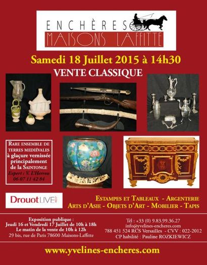 Vente classique : Livres, Estampes et tableaux, Argenterie et Bijoux, Collection de terres cuites médiévales, Arts d'Asie,  Militaria, Objets d'art et de vitrine, Mobilier, Tapis