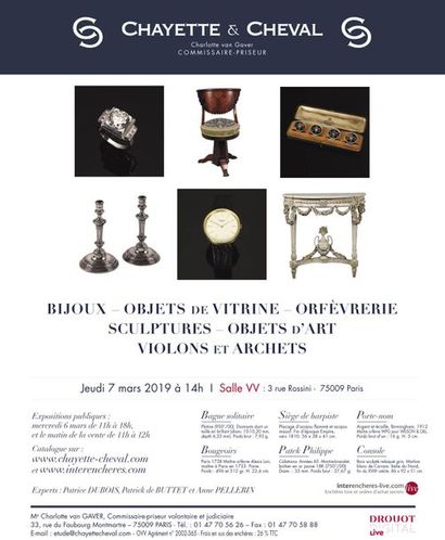 GRAVURES – DESSINS – TABLEAUX - BIJOUX - MONTRES - OBJETS DE VITRINE – ORFÈVRERIE - VIOLONS ET ARCHETS - SCULPTURES – OBJETS D’ART - MEUBLES - TAPISSERIES – TAPIS