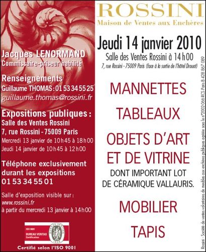 MANNETTES, TABLEAUX,OBJETS D'ART ET DE VITRINE dont céramique VALLAURIS, MOBILIER, TAPIS