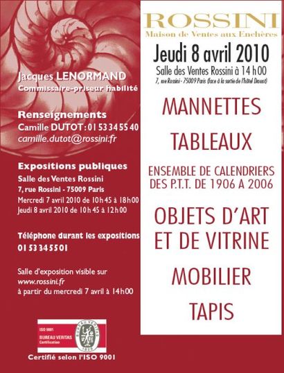 MANNETTE, TABLEAUX, Ensemble de calendriers des P.T.T. des 1906 A 2006, OBJETS D'ART ET DE VITRINE, MOBILIER, TAPIS