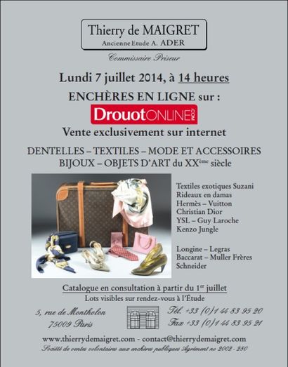 DENTELLES – TEXTILES – MODE ET ACCESSOIRES BIJOUX<br>OBJETS D’ART du XXème siècle<br>Vente drouotonline