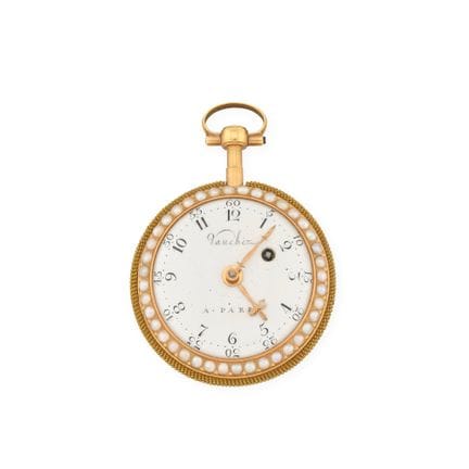 *巴黎VAUCHEZ
18世纪末
18K（750）黄金珐琅怀表
表壳：圆形铰链式，双圈半珠镶边，表背