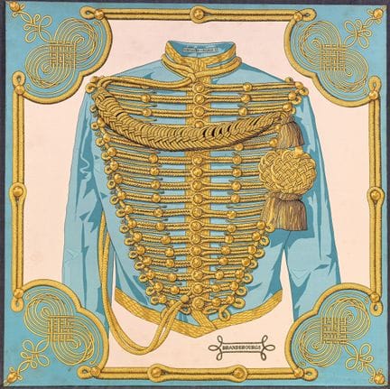 Hermès, "Brandebourgs," square silk scarf on a boa