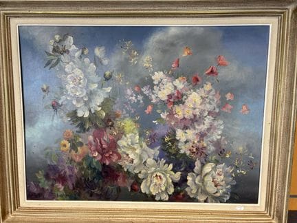 法国画派，《花》，布面油画，左下角签名无法辨认  - 72x94厘米（含画框尺寸）