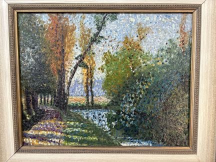 法国画派《河景》 油画板画，右下角署名“Luce”  24 厘米 × 31 厘米