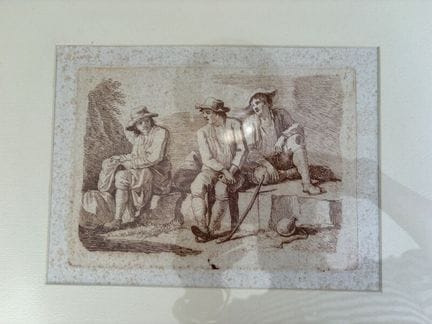 意大利画派，一幅描绘8名农民的红土版画，未署名。尺寸/编号：可见尺寸16×22厘米。