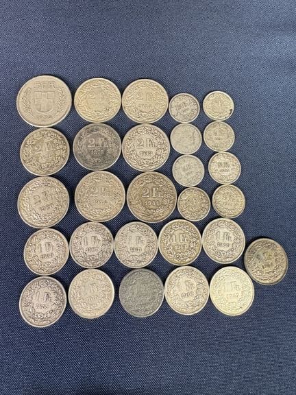 A set of Swiss silver coins, consisting of:
- 1 5-