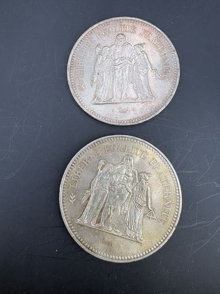 Two 50-franc silver coins