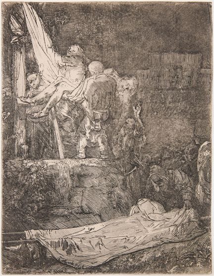 REMBRANDT VAN RIJN. « La Descente de croix à la lu