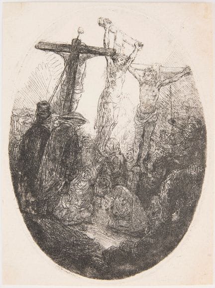 REMBRANDT VAN RIJN. « Le Christ crucifié entre les