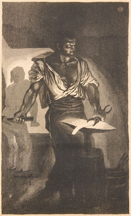 EUGÈNE DELACROIX. « Un forgeron ». Aquatinte et po
