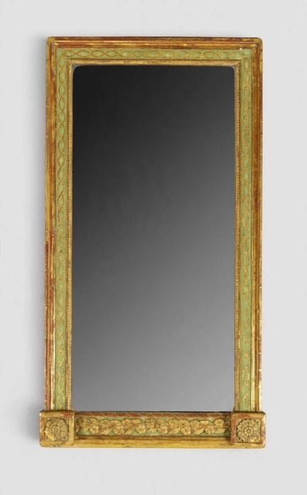 Miroir en bois sculpté et rechampi vert d'eau à dé