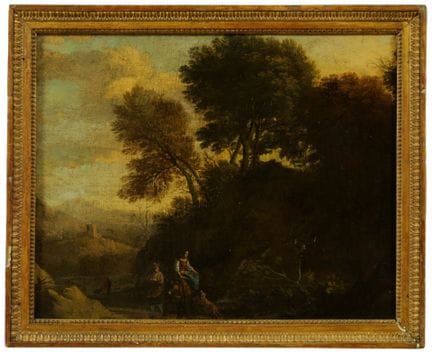 19世纪荷兰画派，风格仿效尼古拉斯·贝尔赫姆。
生动的风景画
布面油画
带画框
约44.5 x 56
