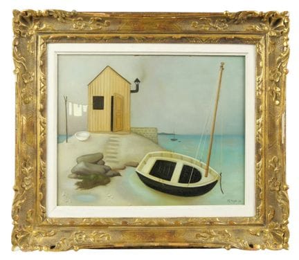 菲利普·亨利·诺耶（1917-1985）。《海滩上的小屋与小船》。木板油画。右下角签名并标注“50”