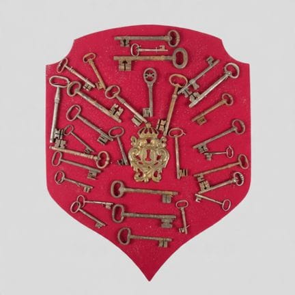 Metal lock decorated with two crowned putti, surro