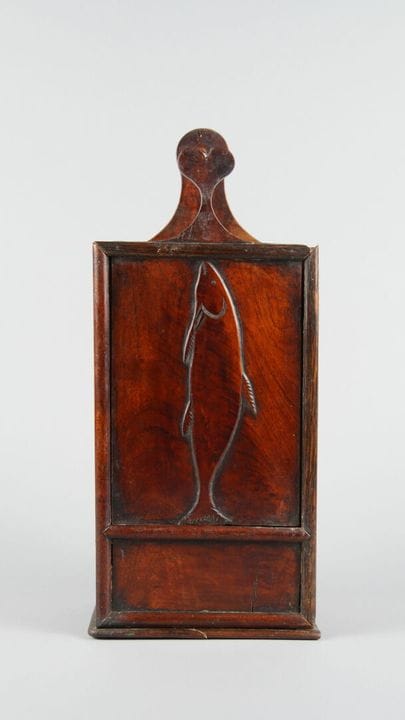 "Fariniéro" wooden flour bin with a carved fish de