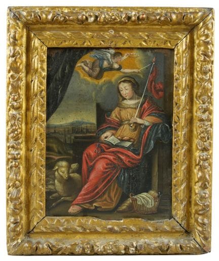 17世纪法国画派
圣热内维耶夫
铜板画
雕花镀金木框
约22.5 x 17 厘米
（有轻微磕碰、污渍